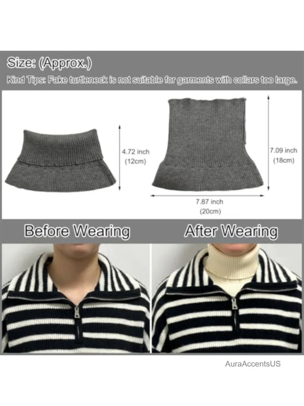 Women's Knitted Ribbed Turtleneck Detachable False Collar Pullover